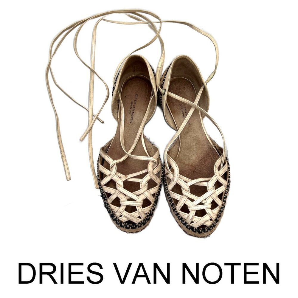 Dries Van Noten Ivory Leather Lace Up Espadrille Flats 35